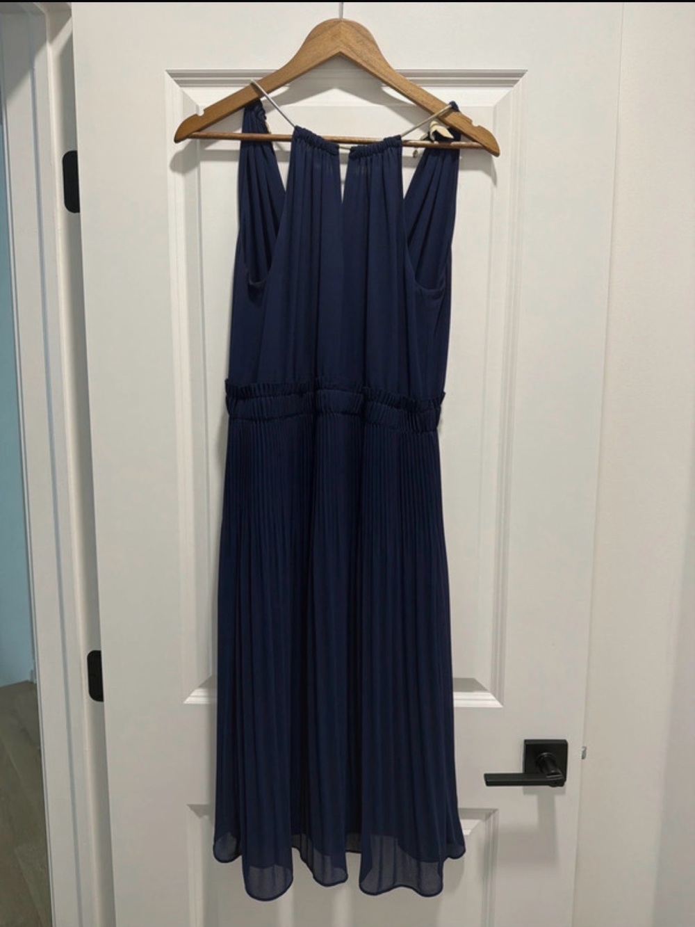 MICHAEL Michael Kors Navy Pleated Halter Midi Dress